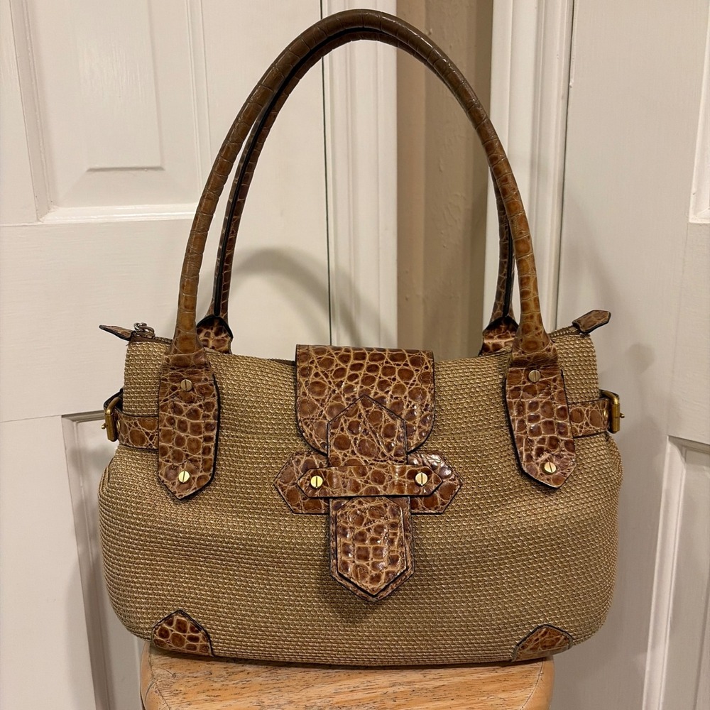 Eric Javits Womens Squishee Shoulder Bag Brown Tan OS Faux Crocodile Leather
